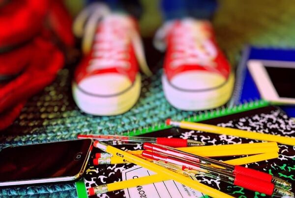 pencils, notebooks, sneakers, tablet, backpack, school supplies