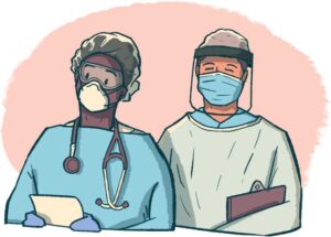 healthcare workers with N95 mask and surgical mask with faceshield, illustration by Garrett Gerberding