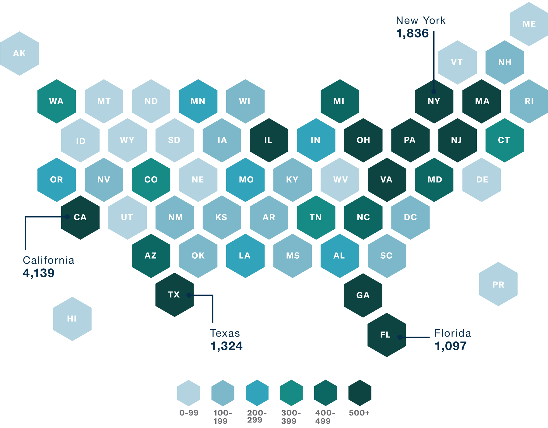 hexagon map of Get Us PPE requests by state through January 2021