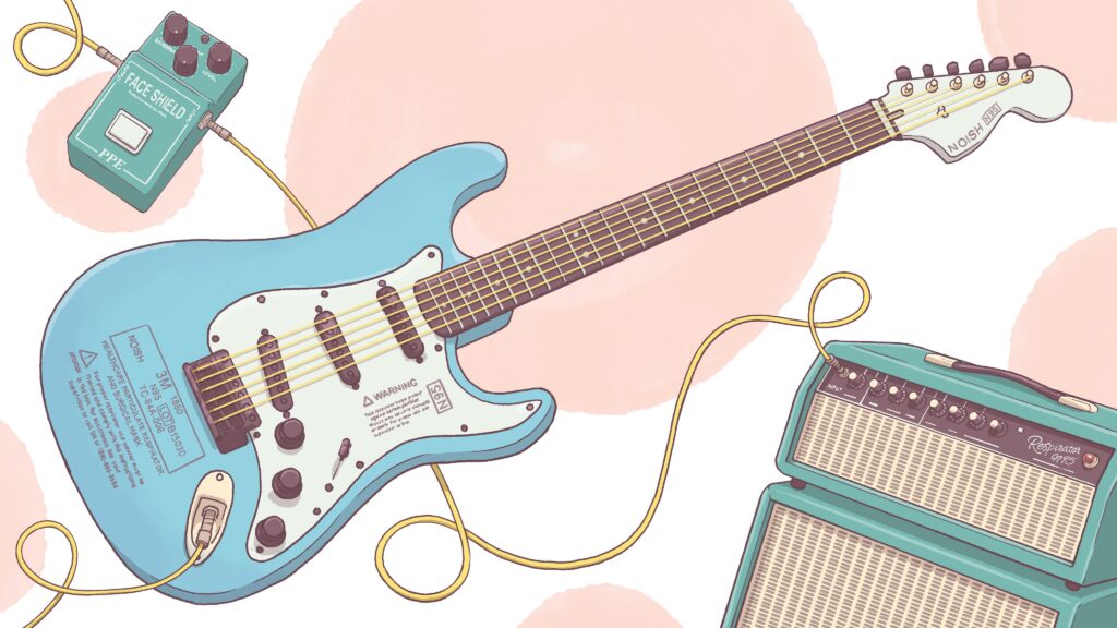 Illustration of electric guitar, pedal, and amp